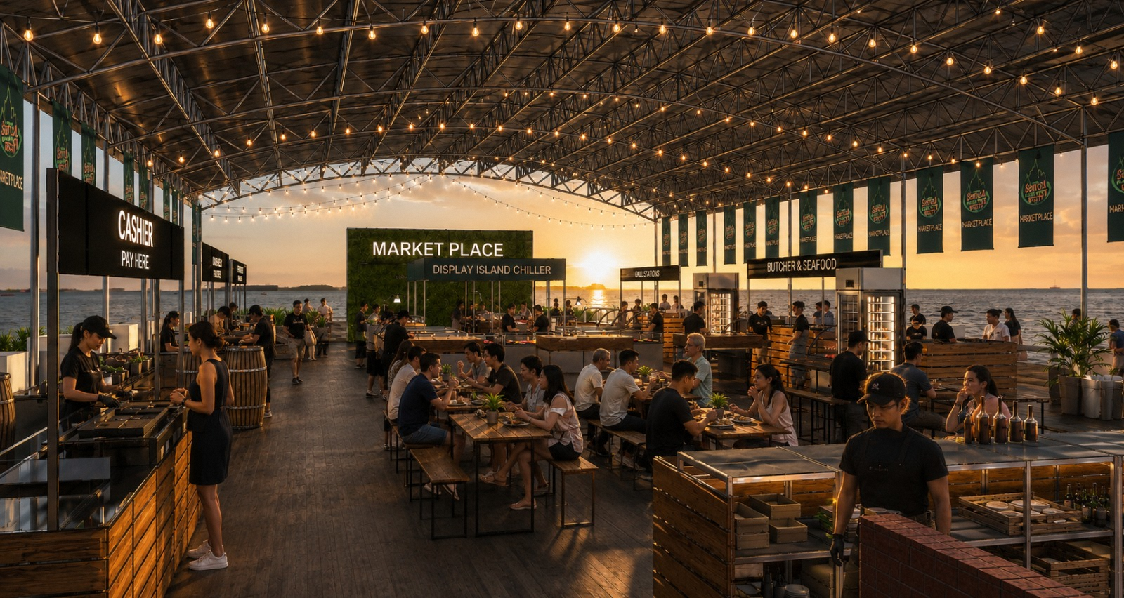 A sheltered hawkerspace, with Market Place spelled out in green banner at the back of the image